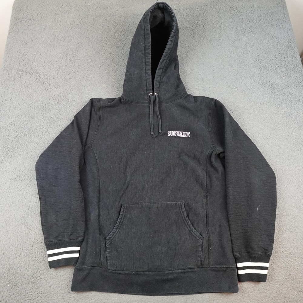 Supreme Hoodie Mens Large Black Embroidered Pullover Rib Striped Streetwear